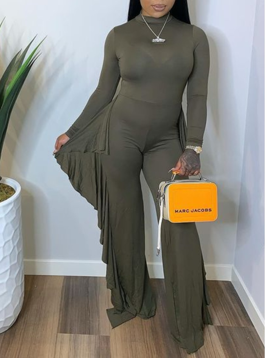 

LW Round Neck Flounce Design Jumpsuit, Army green
