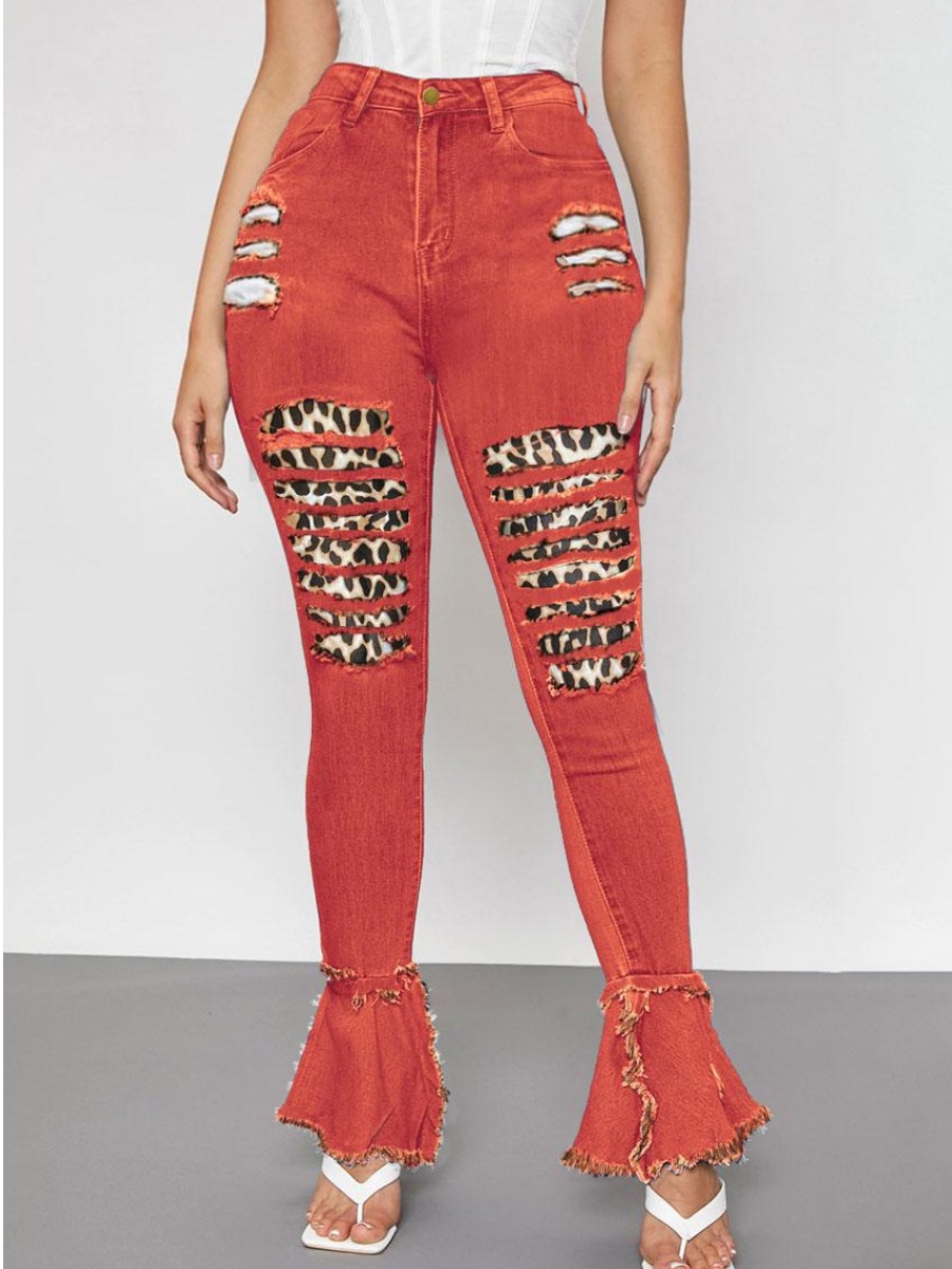 

LW Ripped Raw Edge Flared Jeans, Red