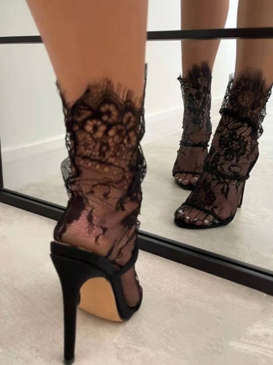 

LW Lace Floral Bow Decoration Socks, Black