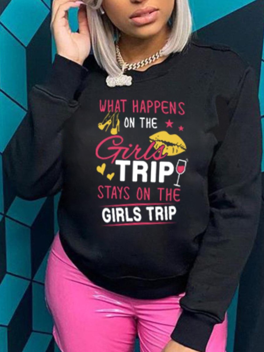 LW Lip Letter Print Sweatshirt, Black