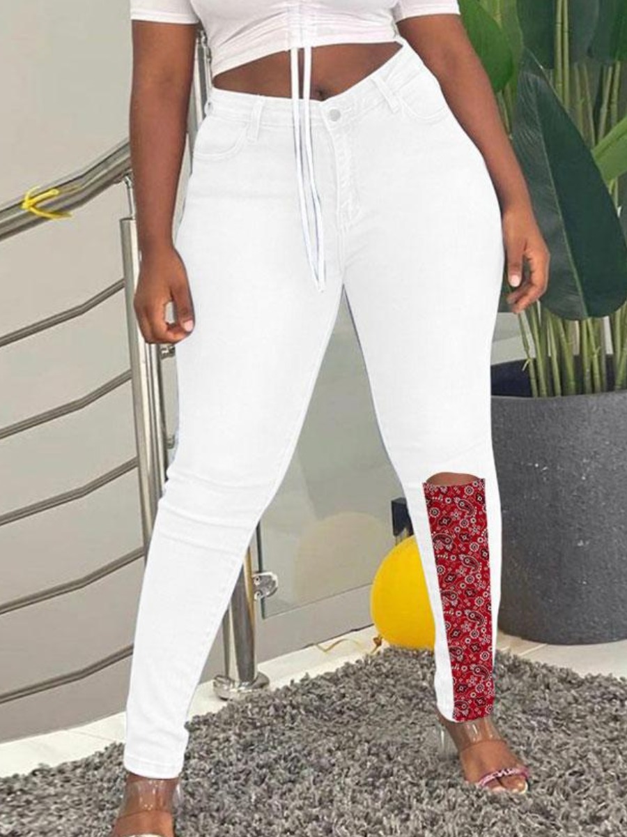 

LW High Stretchy Cashew Print Ripped Jeans, White