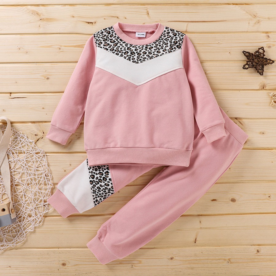 

LW COTTON Girl Leopard Print Patchwork Tracksuit Set, Pink