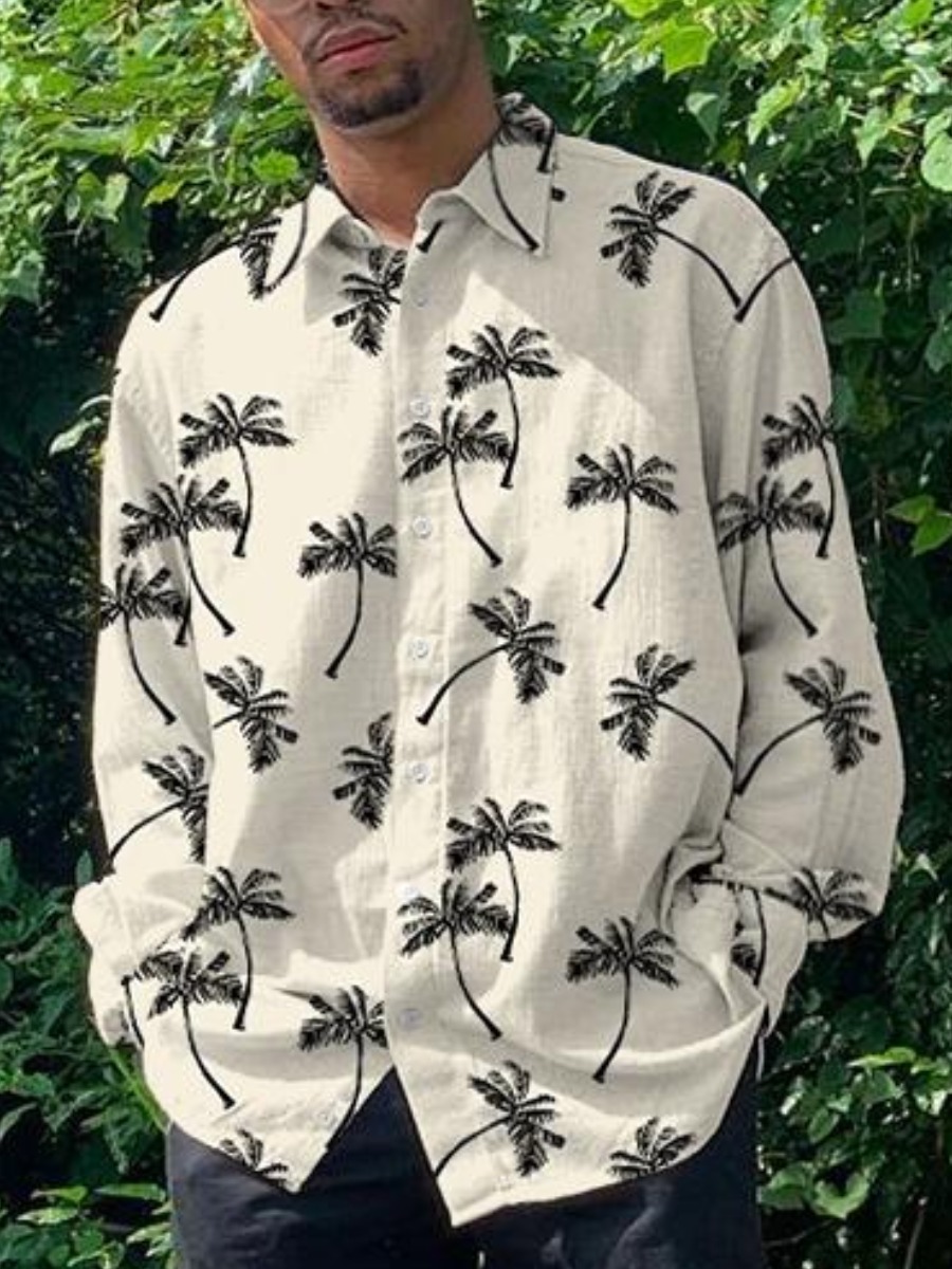 

LW Men Turndown Collar Plant Print Shirt, Beige