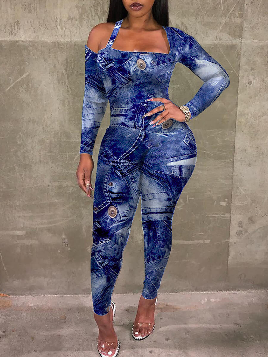 

LW Square Collar Gradient Jumpsuit, Blue