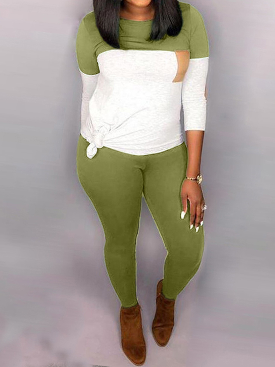 

LW Plus Size Round Neck Color-lump Pants Set, Green