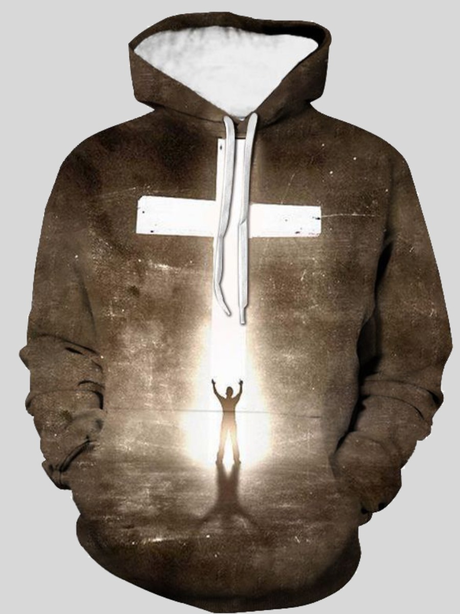 

LW Men Hooded Collar Cross Print Hoodie, Multi