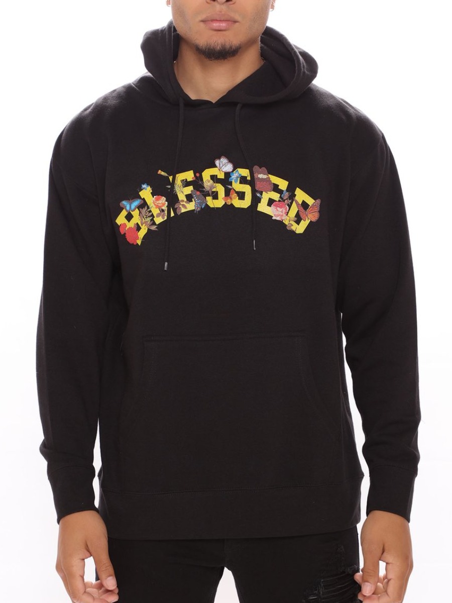 

LW Men Hooded Collar Letter Print Hoodie, Black