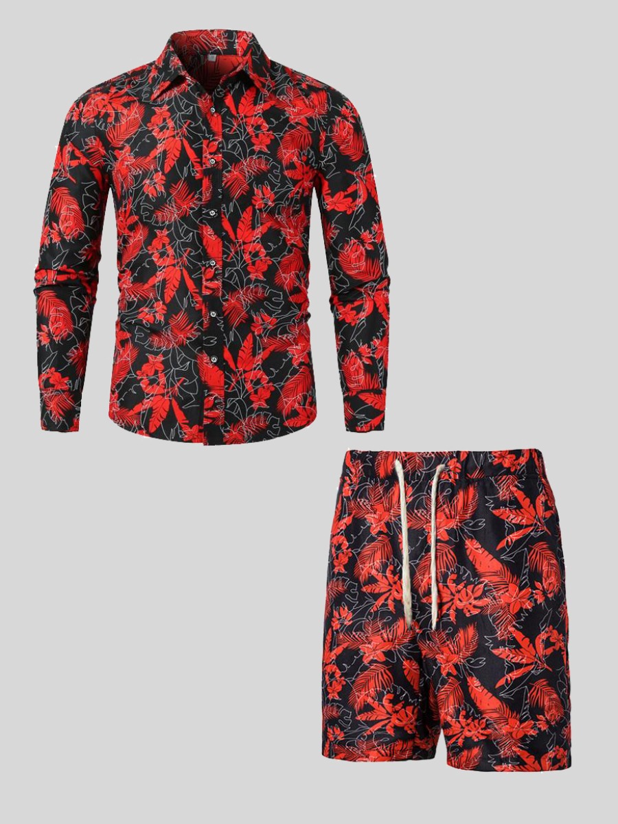 

LW Men Maple Print Drawstring Shorts Set, Red