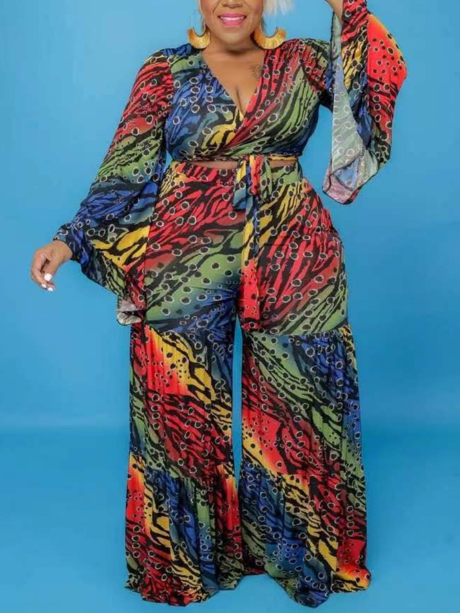 

LW Plus Size Mixed Print Wide Leg Pants Set, Multi