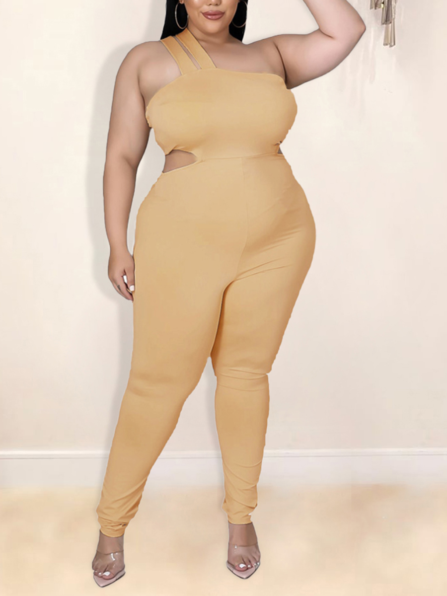 

LW BASICS Plus Size One Shoulder Hollow-out Jumpsuit, Khaki