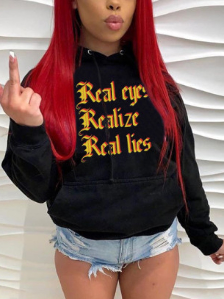 

LW Letter Print Kangaroo Pocket Hoodie, Black