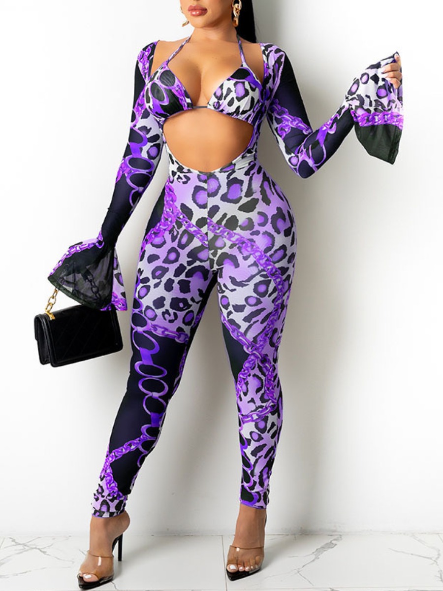 

LW SXY Hollow-out Flared Basic Skinny Jumpsuit Set, Purple