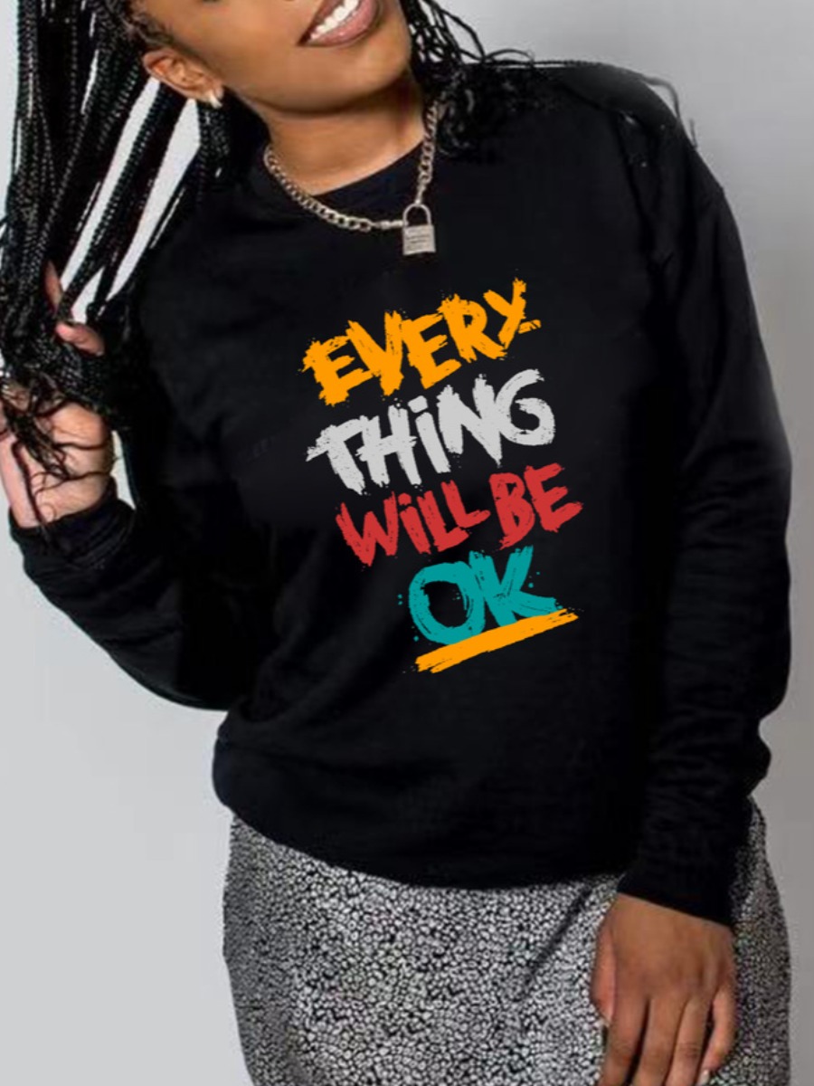 

LW Round Neck Letter Print Sweatshirt, Black