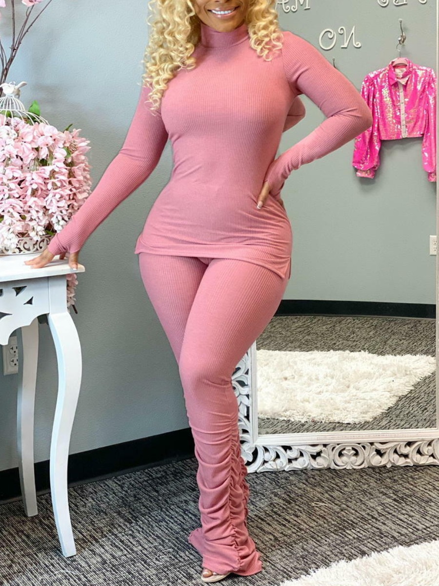 

LW Turtleneck Ruched Pants Set, Pink