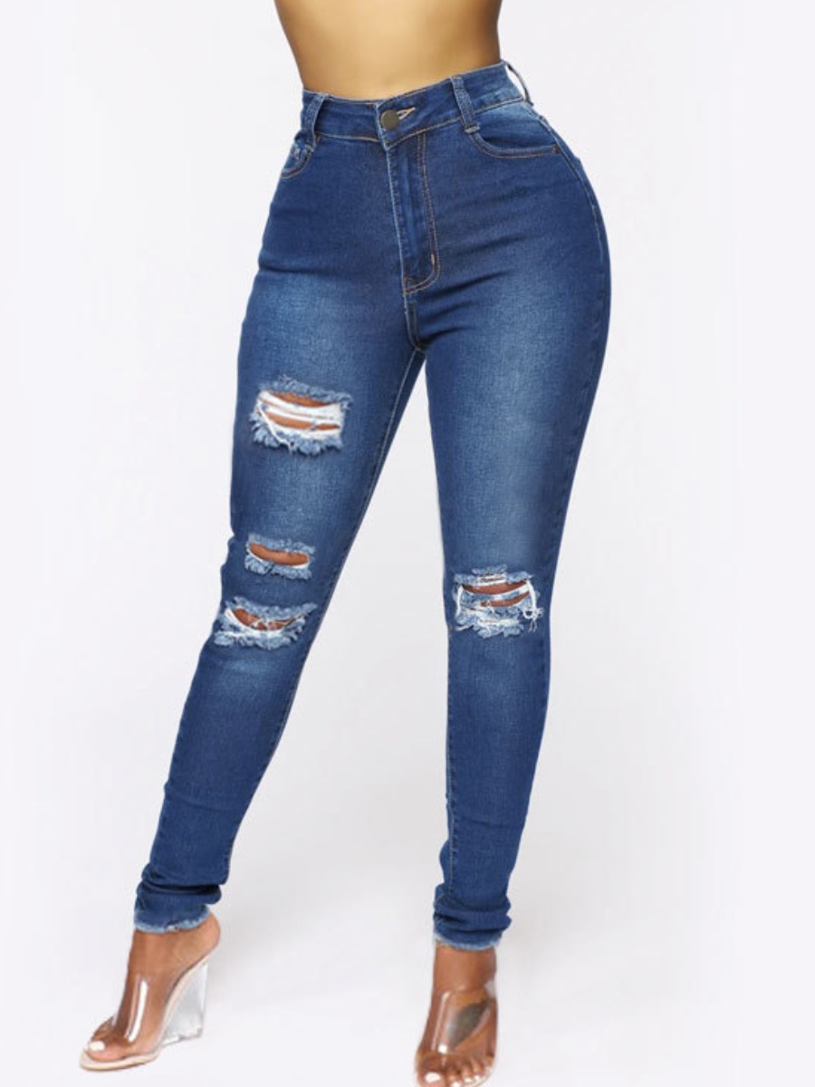 

LW High-waisted Ripped Jeans, Deep blue