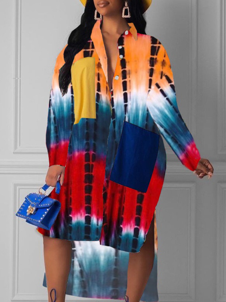 

LW Plus Size Gradient Print Color-lump Shirt Dress, Multi