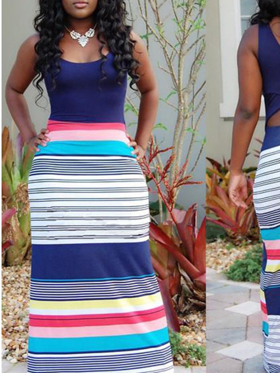 

LW Striped Hollow-out A Line Dress, Blue