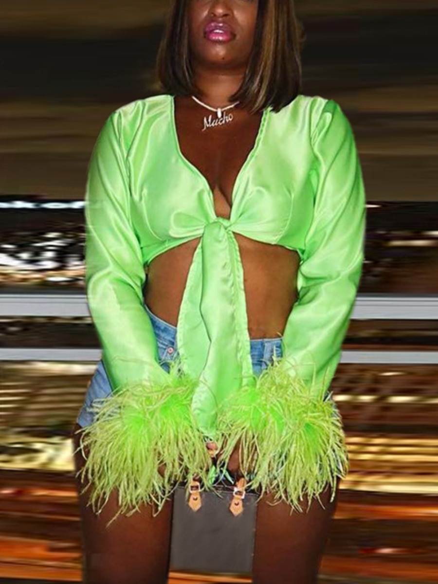 

LW Plus Size Feather Decor Bandage Design Blouse, Green