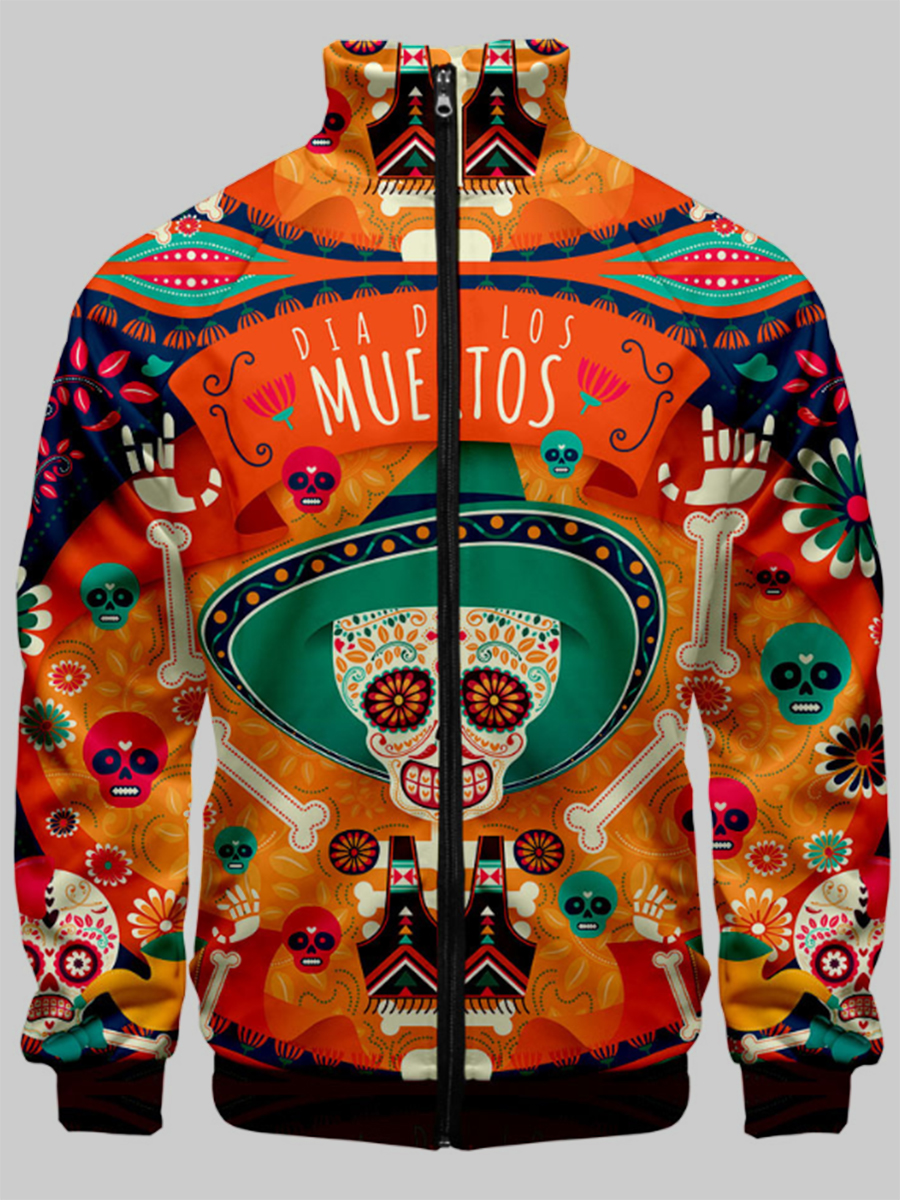 

LW Men Skeleton Print Zipper Design Jacket, Orange
