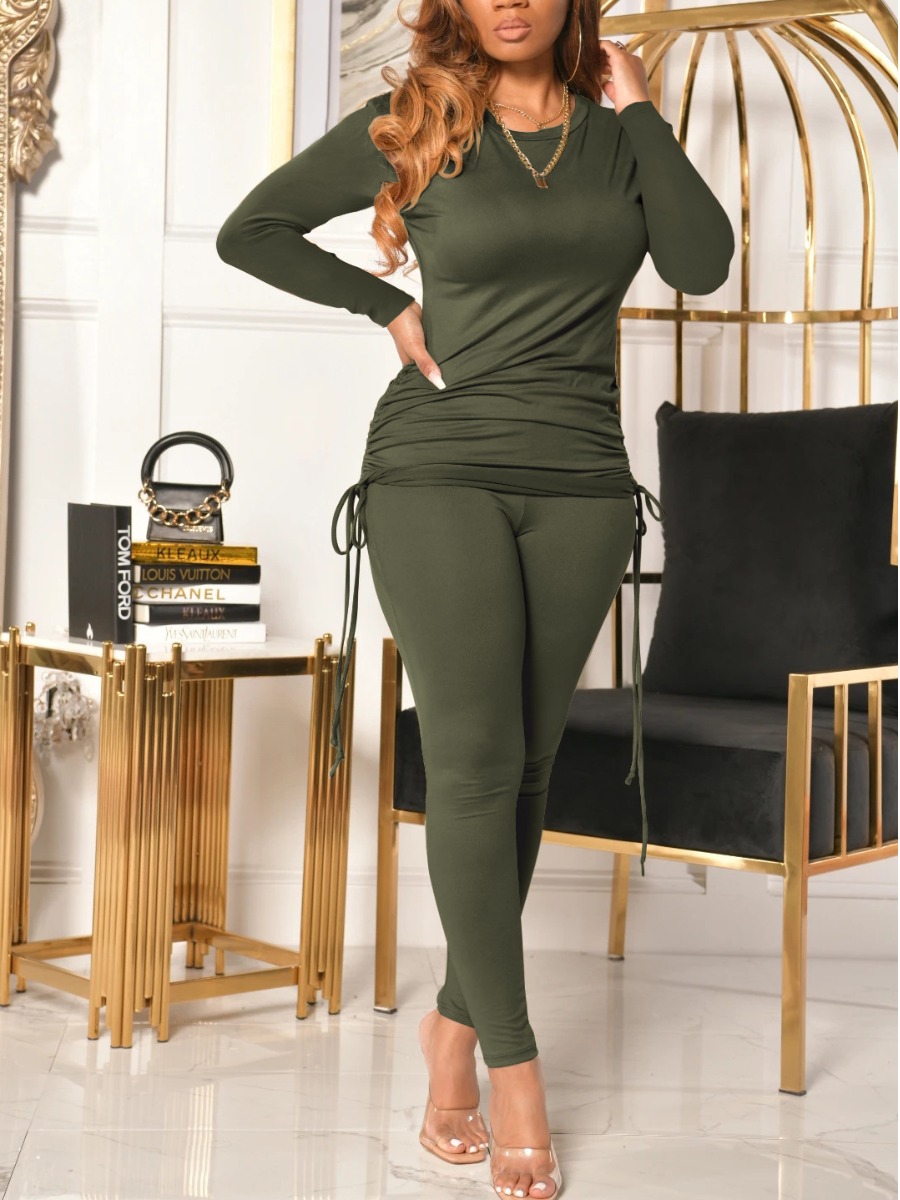 

LW Ruched Drawstring Pants Set, Army green