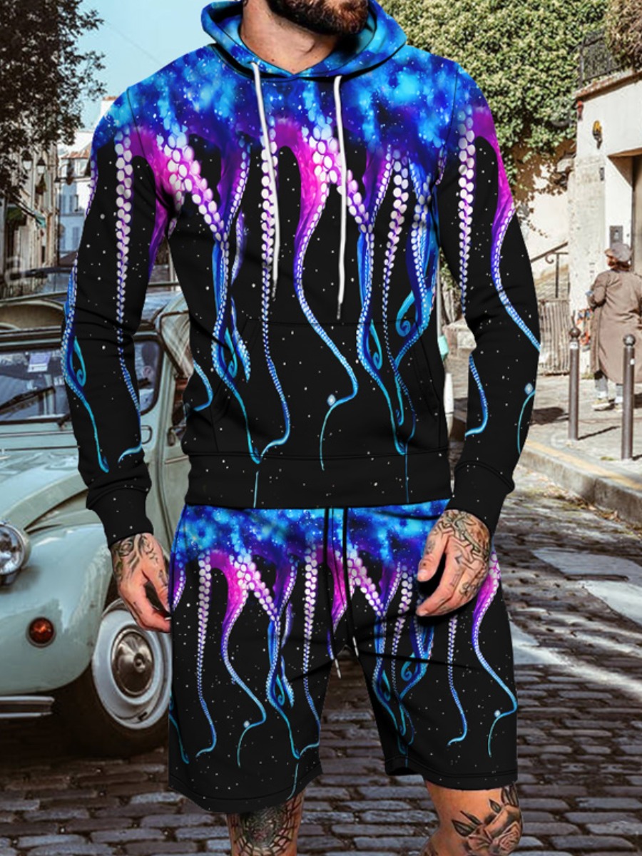 

LW Men Hooded Callor Octopus Print Tracksuit Set, Blue