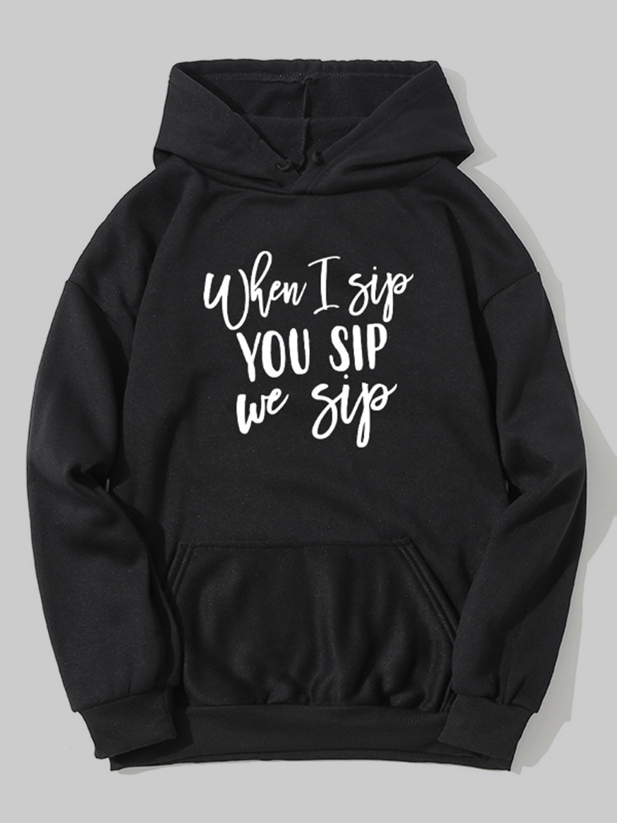 

LW BASICS Men Hooded Collar Letter Print Hoodie, Black