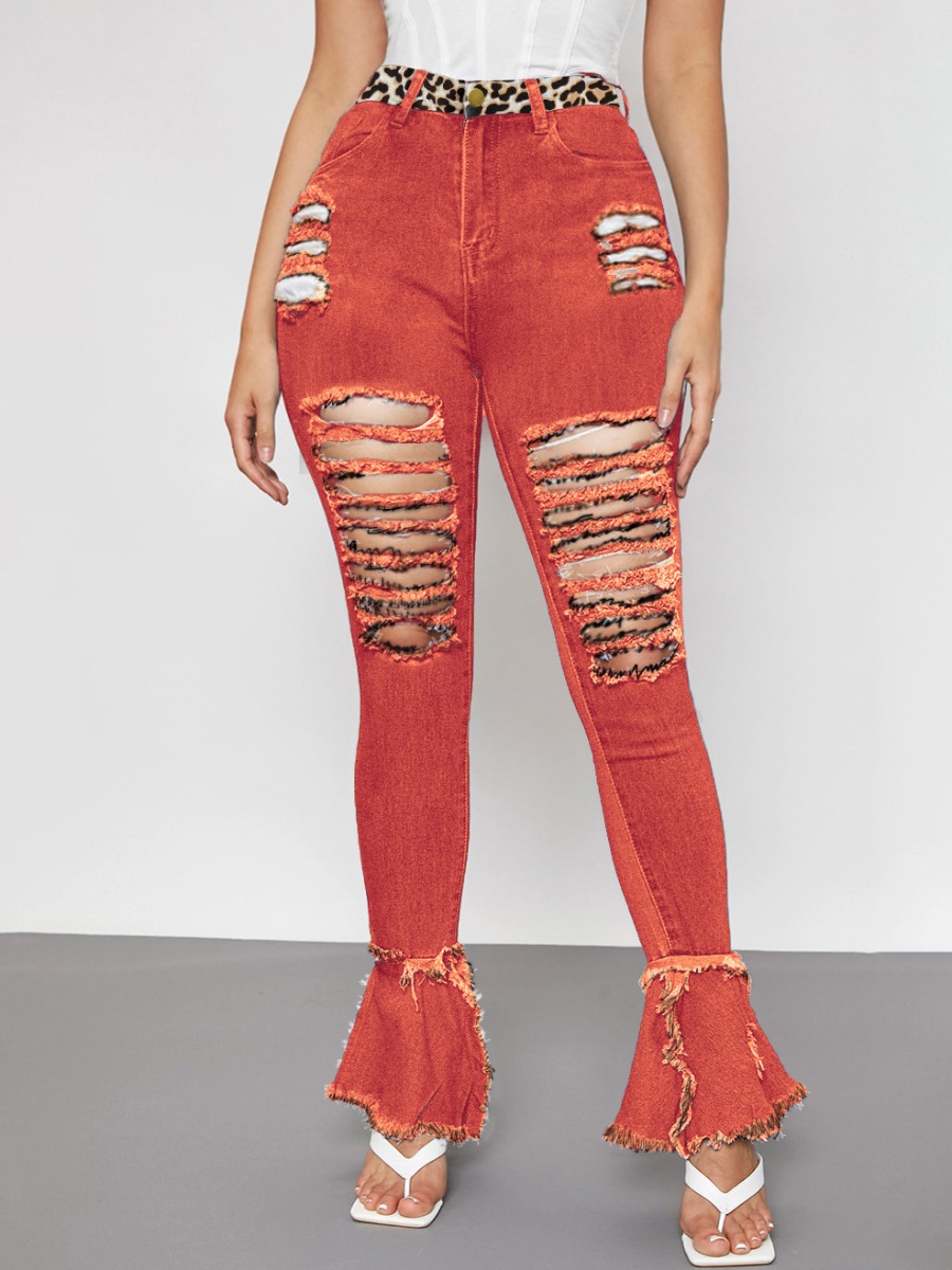 

LW High Stretchy Leopard Print Flared Ripped Jeans, Red