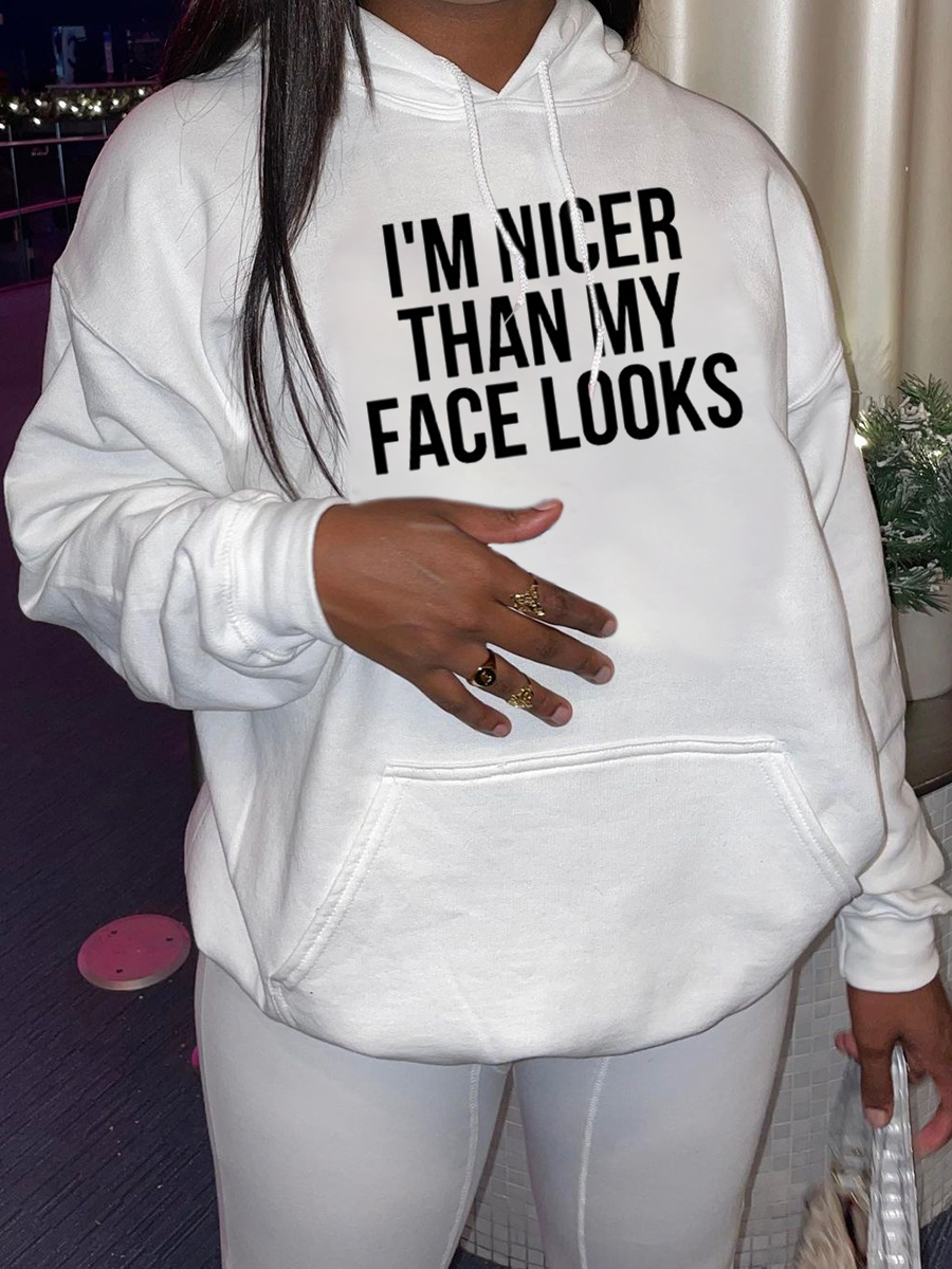 

LW BASICS Letter Print Kangaroo Pocket Hoodie, White