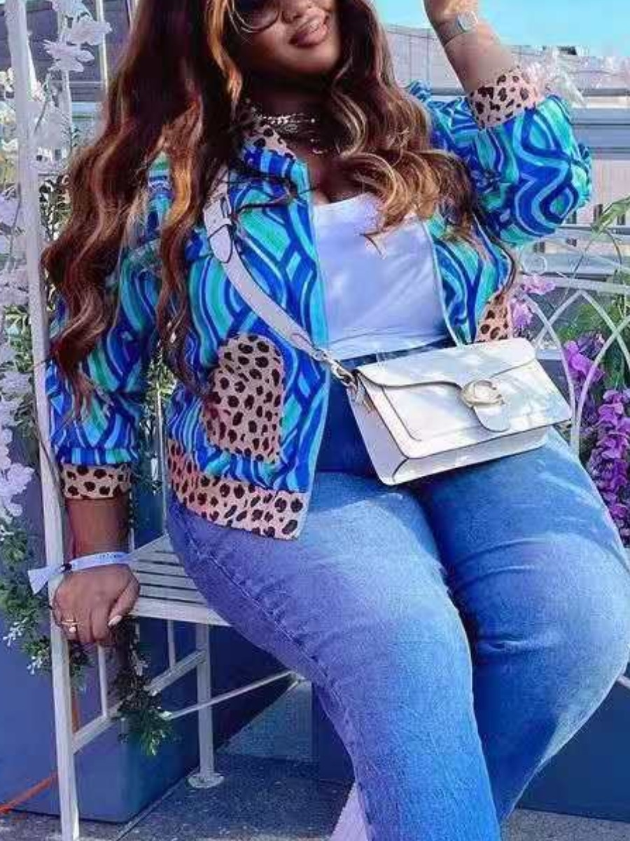 

LW Plus Size Leopard Print Patchwork Jacket, Blue