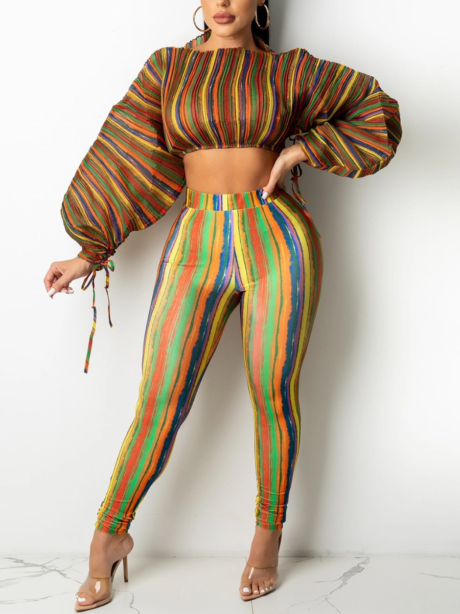 

LW Striped Bandage Crop Top Pants Set, Brown