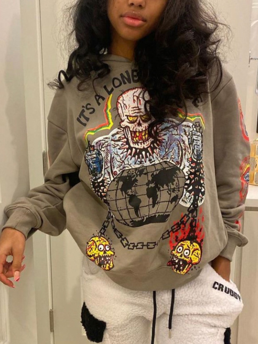 

LW BASICS Hooded Collar Skull Letter Print Hoodie, Brown