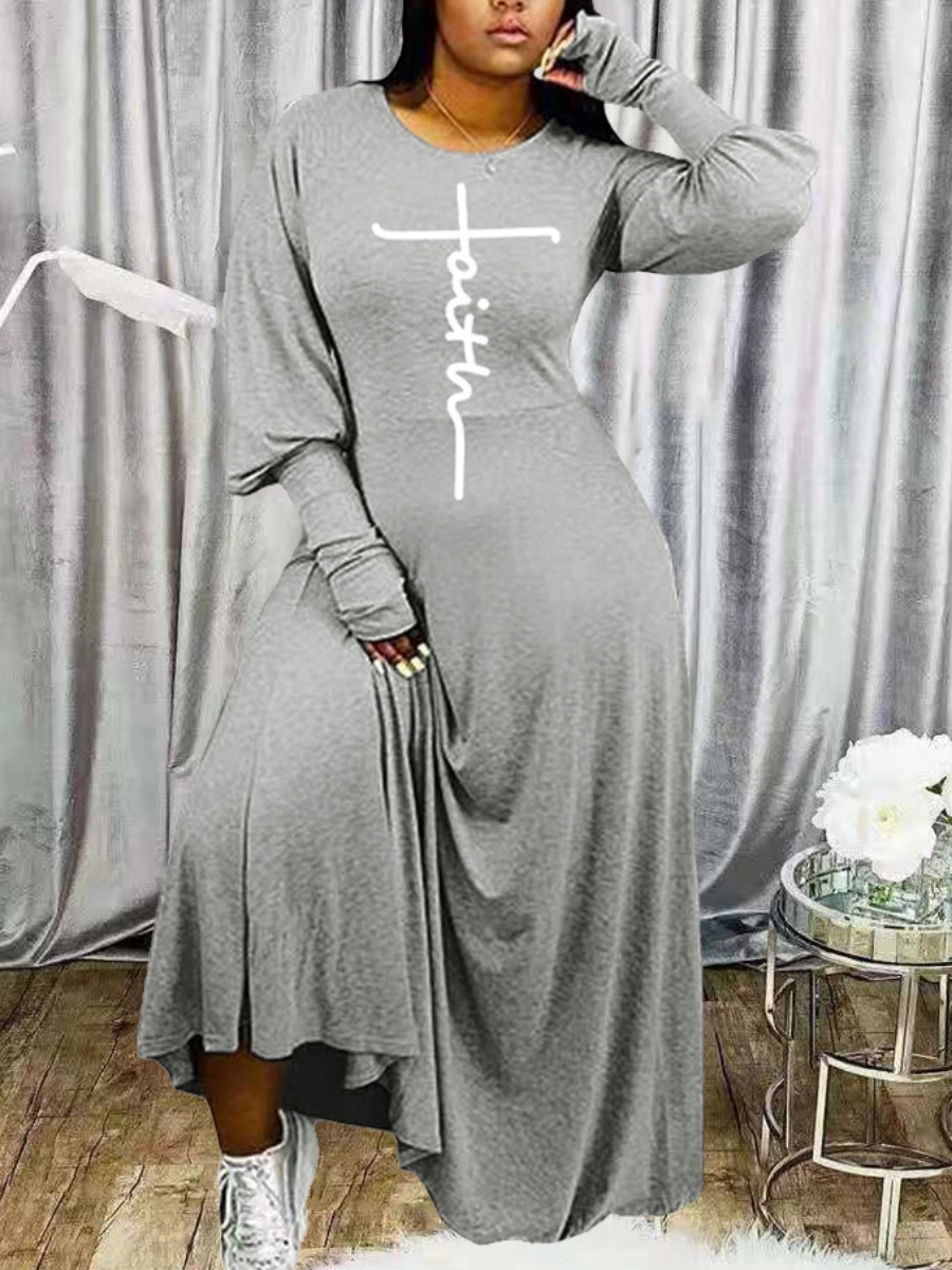 

LW Letter Print Lantern Sleeve Dress, Grey