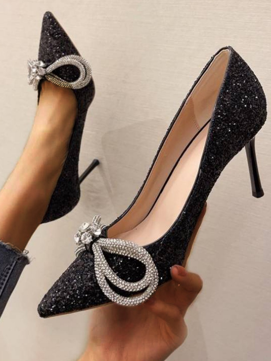 

LW SXY Rhinestone Bow-tie Decor Sequined Pumps, Black