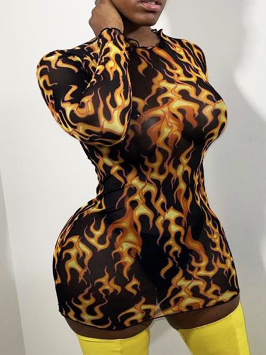 

LW Mixed Print Lettuce Trim Bodycon Dress, Gold