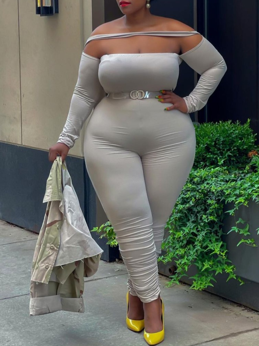 

LW Plus Size Hollow-out Ruched Jumpsuit (Without Belt), Light grey