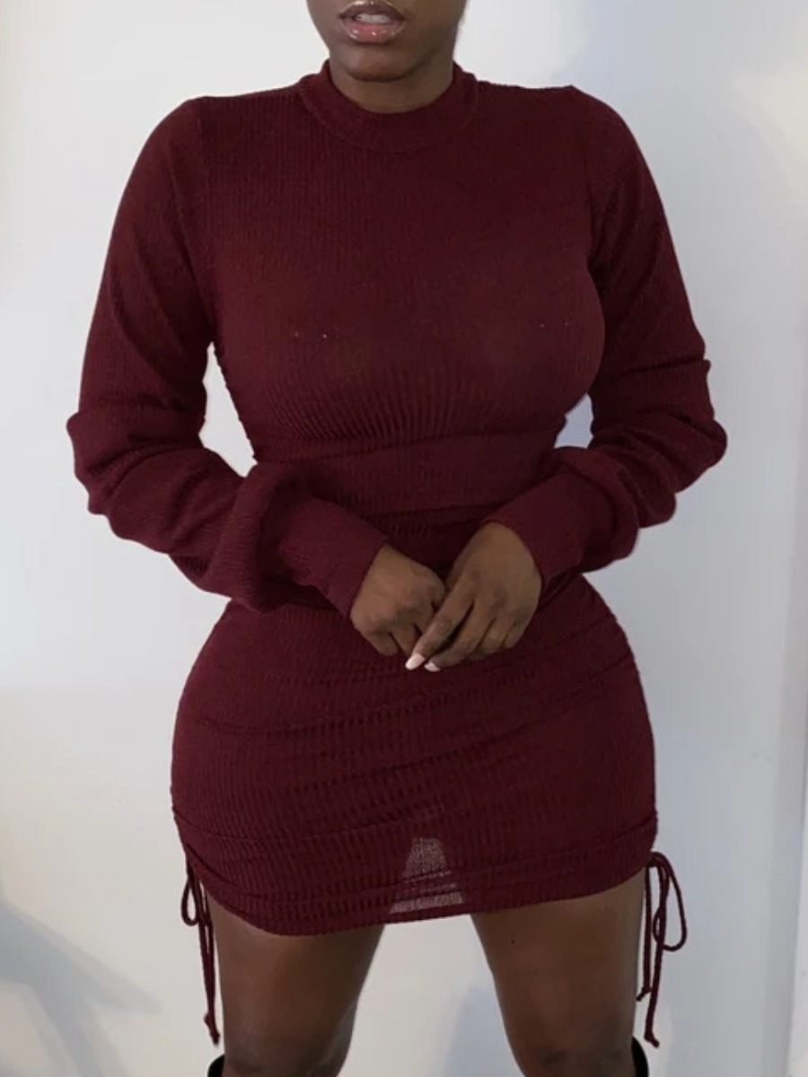 LW Double Drawstring Bodycon Dress, Wine red