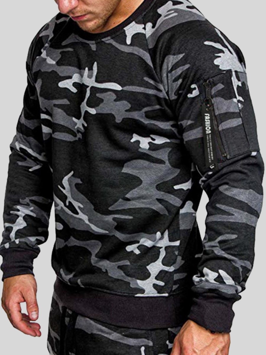 

LW Men Camo Print Zipper Design Sweatshirt, Gray camouflage