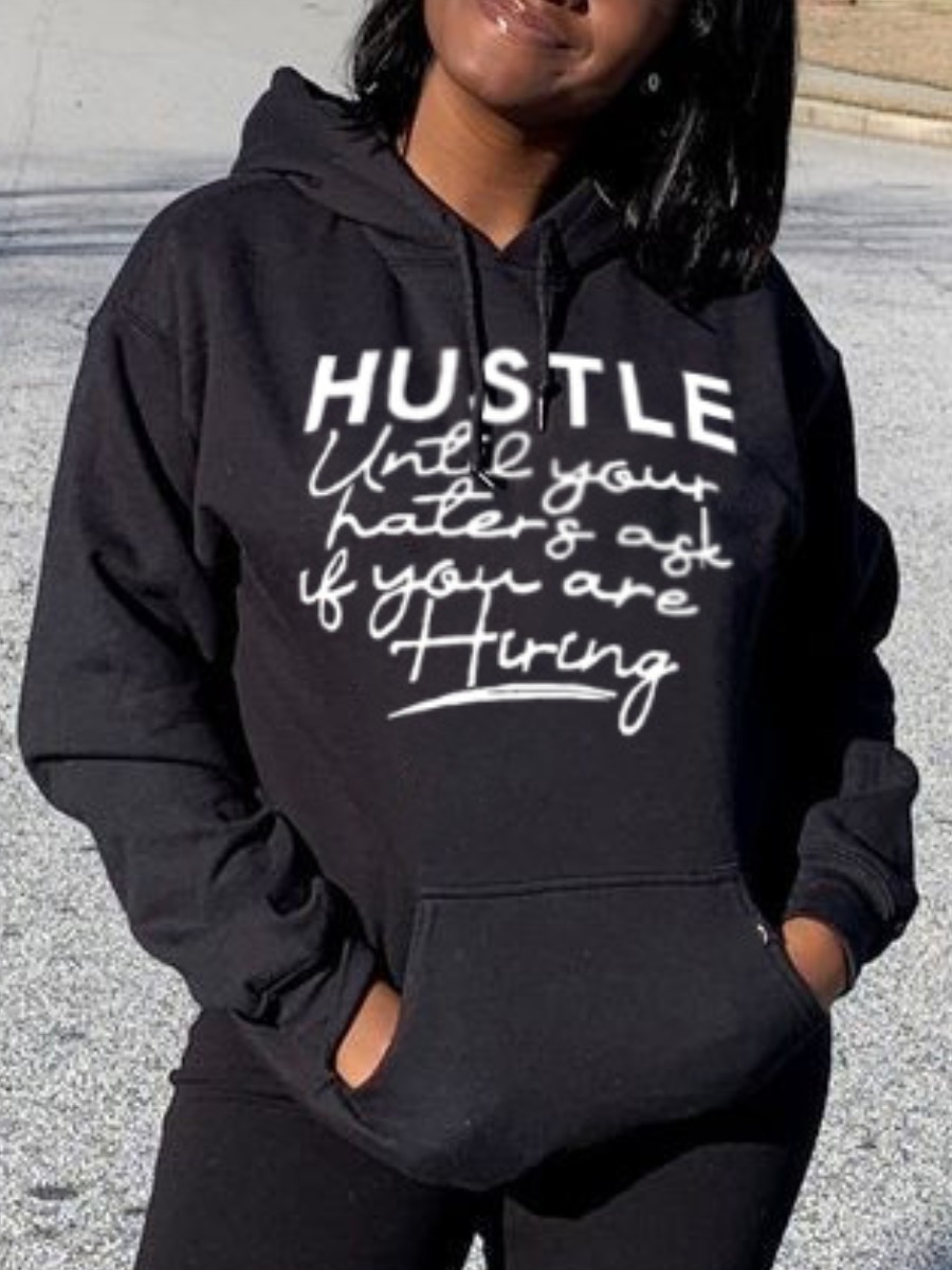 

LW Letter Print Kangaroo Pocket Hoodie, Black