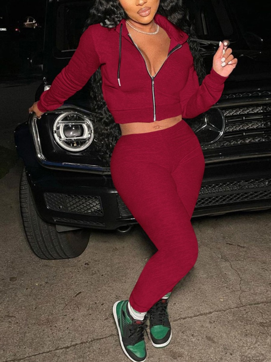 

LW Crop Top Zipper Design Tracksuit Set, Wine red