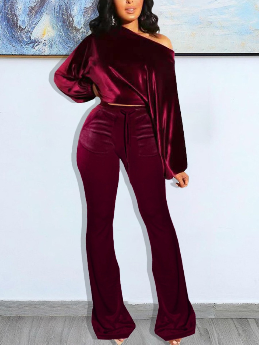 

LW Velvet One Shoulder Drawstring Pants Set, Wine red