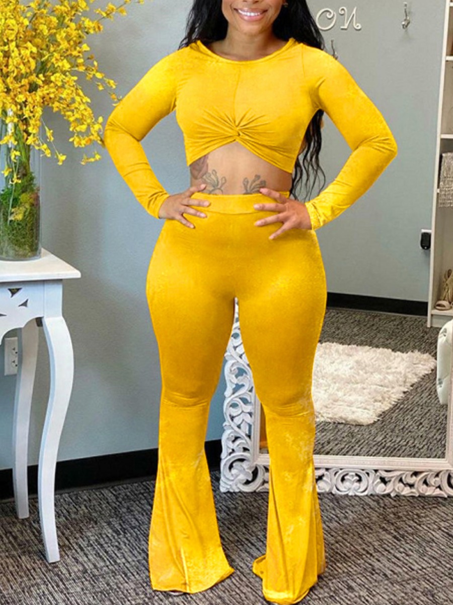 

LW Velvet Front Twist Crop Top Flared Pants Set, Yellow