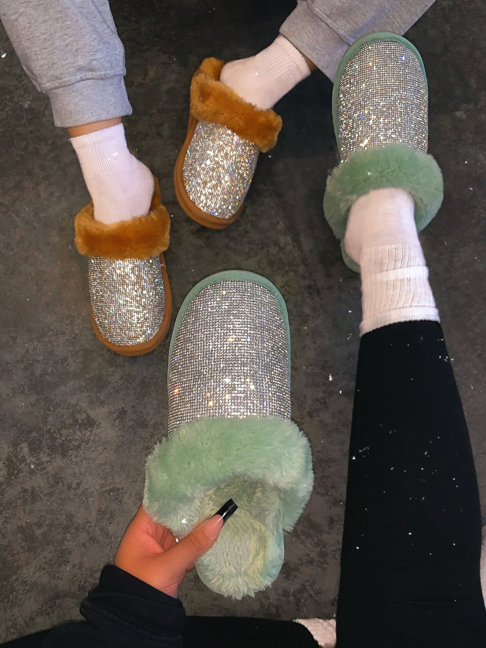

LW Sequined Plush Patchwork Slippers, Green