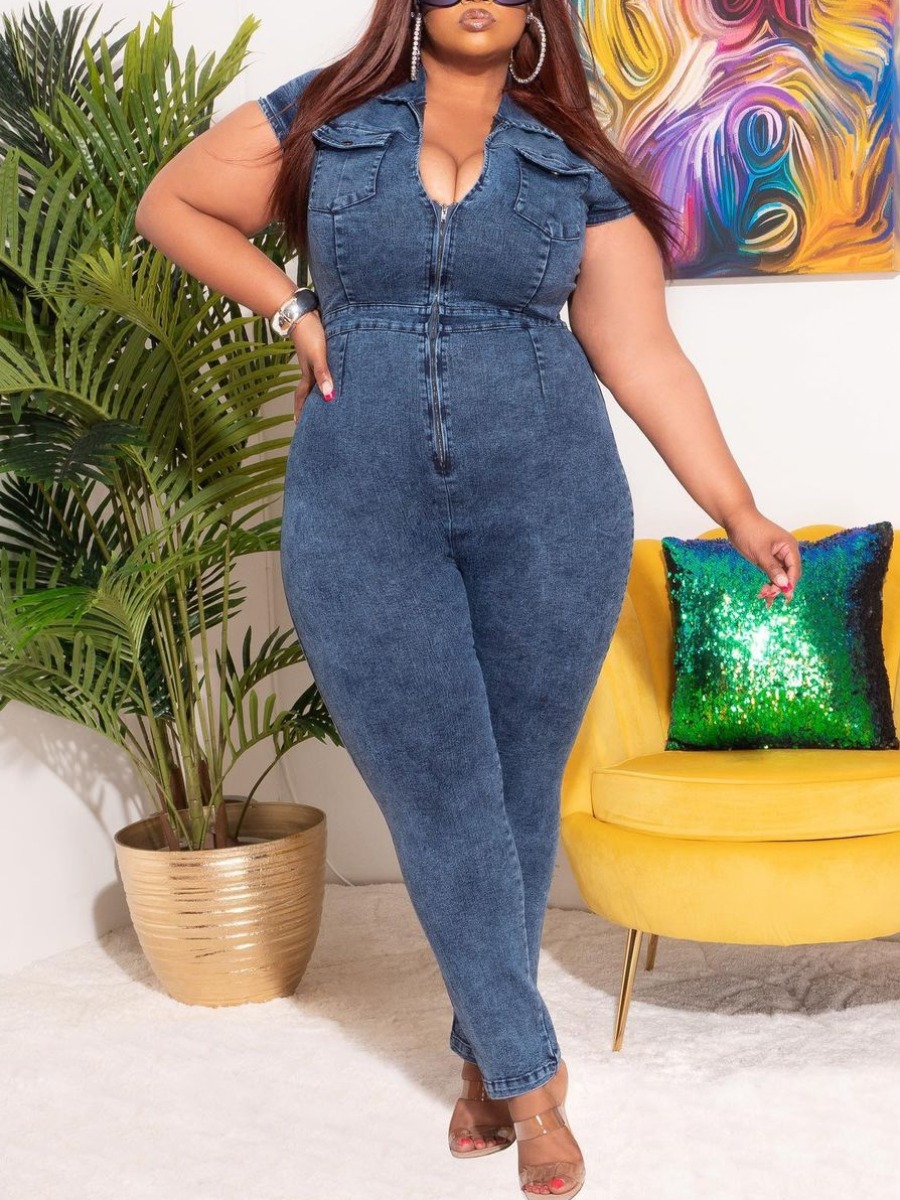 

LW Plus Size Pocket Zipper Design Denim Jumpsuit, Deep blue