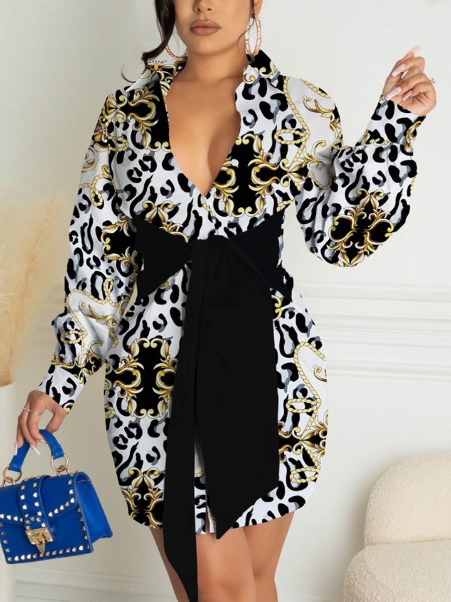 

LW Mixed Print Bandage Shirt Dress, Black