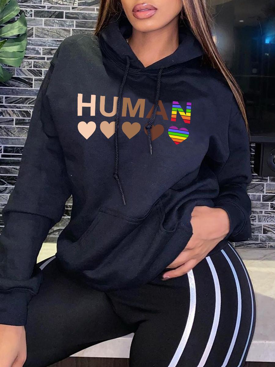 

LW Plus Size Letter Print Kangaroo Pocket Hoodie, Black