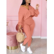 LW Casual Zipper Design Pink Two-piece Pants Set