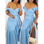 LW COTTON Sexy Ruffle Design Side Split Babyblue T