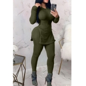 LW Casual V Neck Basic Green Two-piece Pants Set