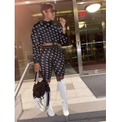 LW Hooded Collar Moon Print Drawstring Shorts Set