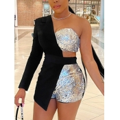 LW Sequined Patchwork Hollow-out Romper